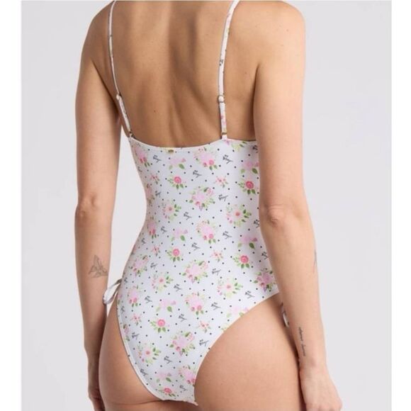 Betsey Johnson Polkadot Bouquet One Piece V-Neck Swimsuit - Picture 2 of 8